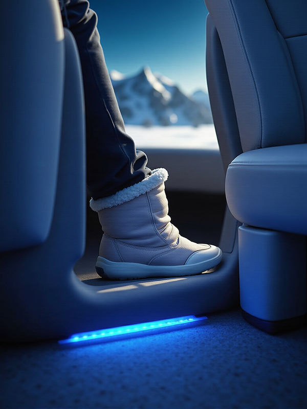 Snow boot stepping onto an illuminated SUV running board