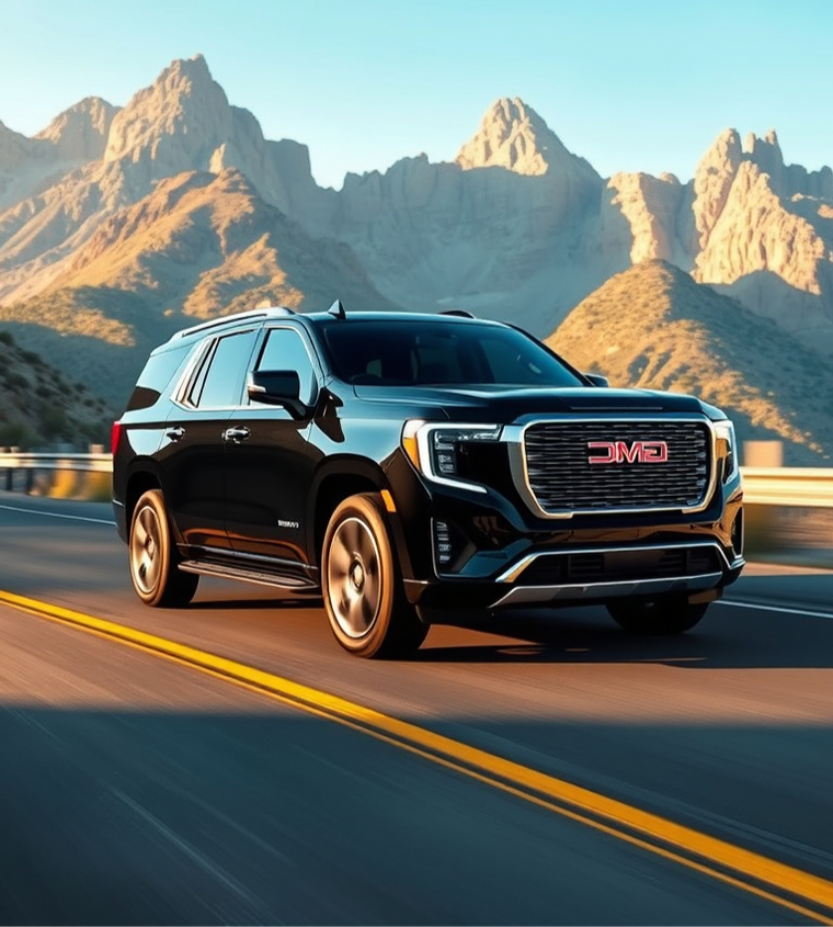 Black GMC Yukon on a mountain highway at sunset